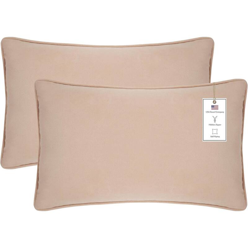 A1HC Set of 2 Luxurious Fine Soft Velvet Throw Pillow Covers Only, For Sofas, Beds, Vibrant Colors and Hidden Zipper - 12x20 Inches (Pack of 2) - Khaki