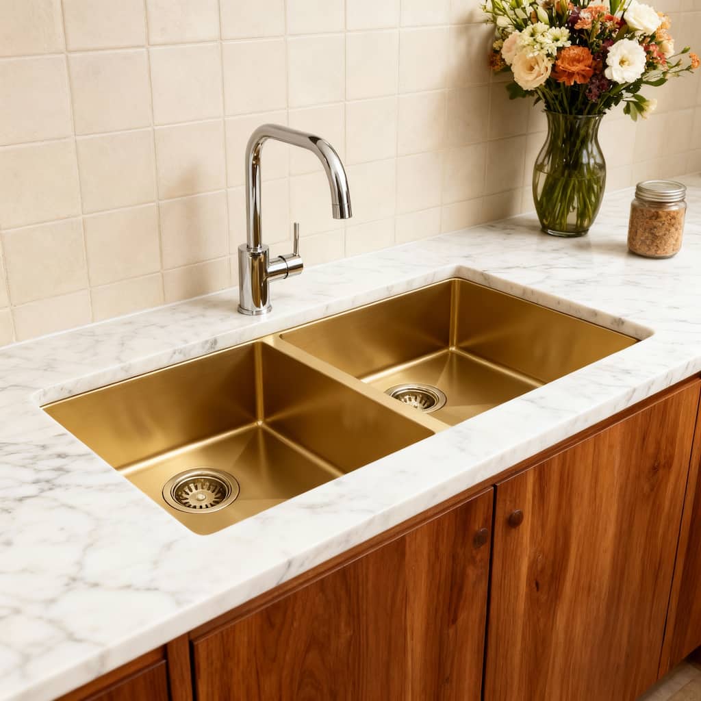HomeRoots 10" X 33" Gold Stainless Steel Undermount Kitchen Sink - 33.00 in. x 10.00 in. x 18.00 in.