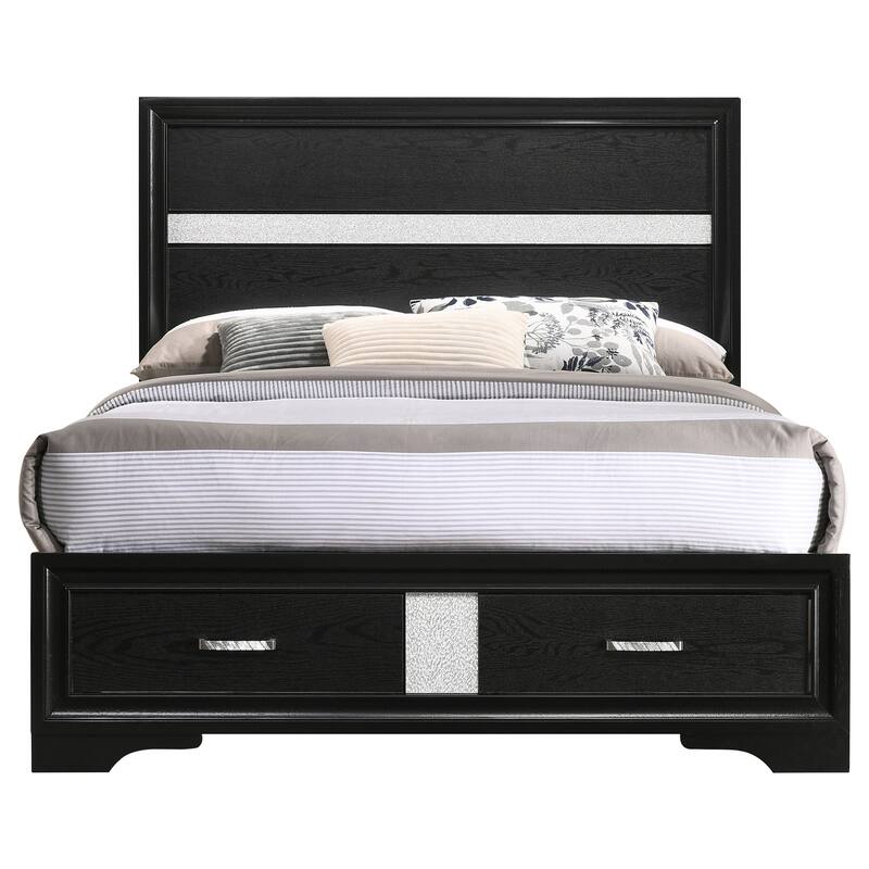 Full Storage Panel Bed with Integrated Drawers, Black Finish, and Crystal-Accented Pulls