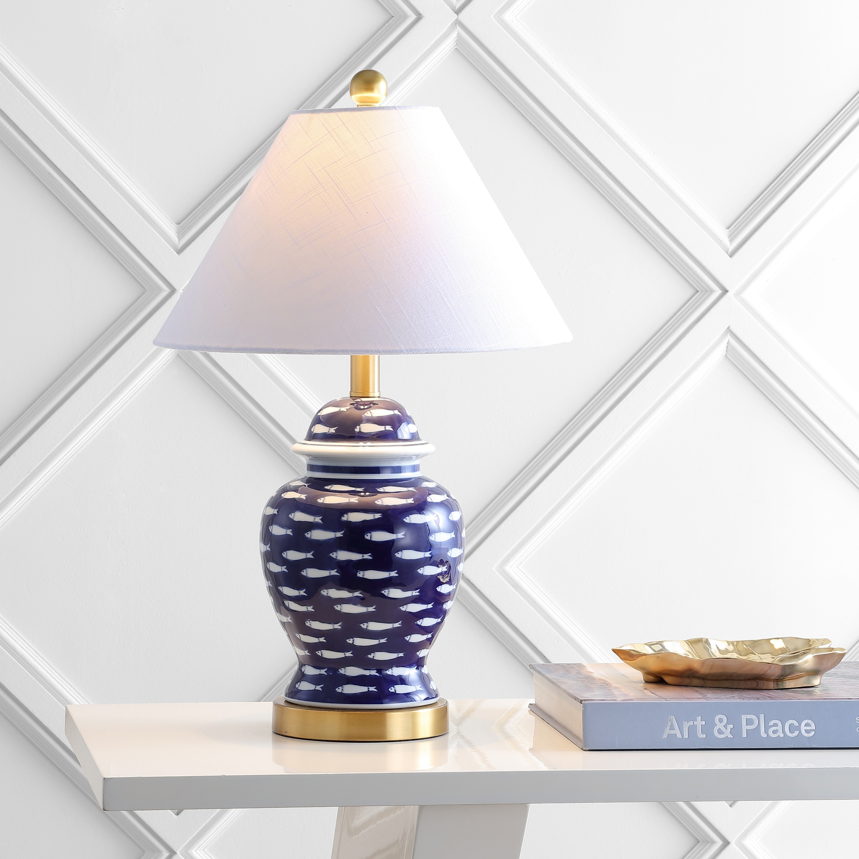 JONATHAN Y Quatrefoil of Fish 22" Ginger Jar Ceramic/Metal LED Table Lamp, Navy