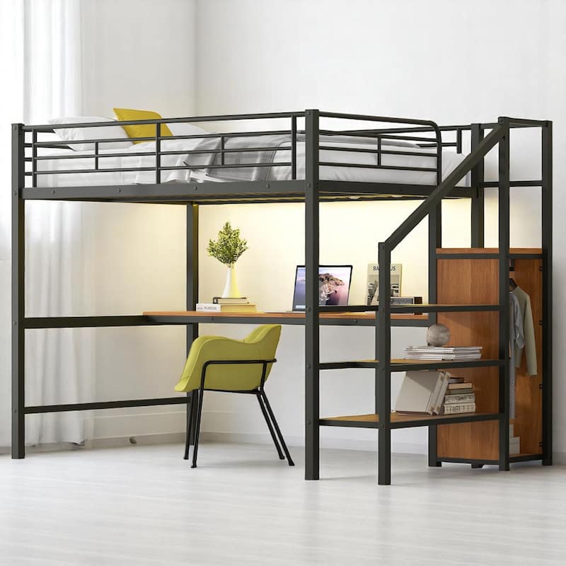 Full Metal Loft Bed with Built-in Desk, Stair Storage, Clothes Rack Wardrobe & Color LED Lighting