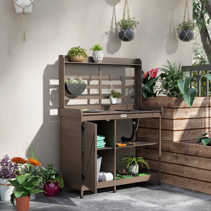 Outsunny Wooden Potting Bench, Outdoor Potting Table with Storage Cabinet, Storage Shelves, Sink