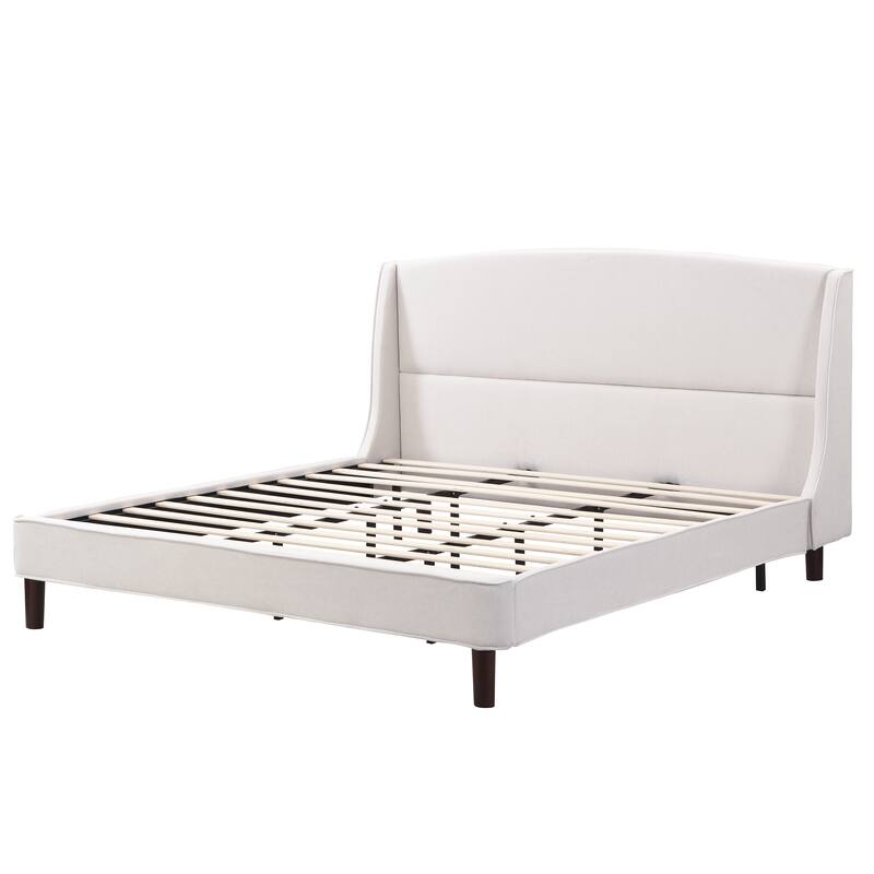 Beige Upholstered Fabric Frame Bed with Wingback Headboard, King Size Platform Bed with Wood Slat and Metal Support