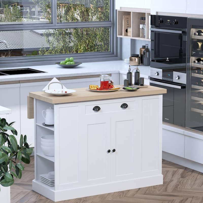 HOMCOM 47" Wooden Kitchen Island, Kitchen Countertop Storage Cabinet with Drop Leaf, Drawer, Open Shelves, Storage, White