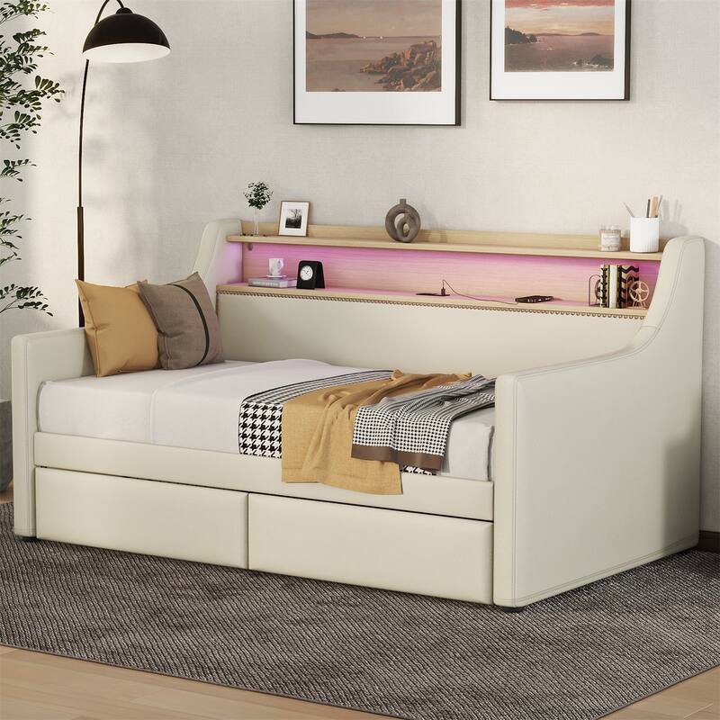 Twin Size Daybed with Storage Drawers, Charging Station and LED Lights