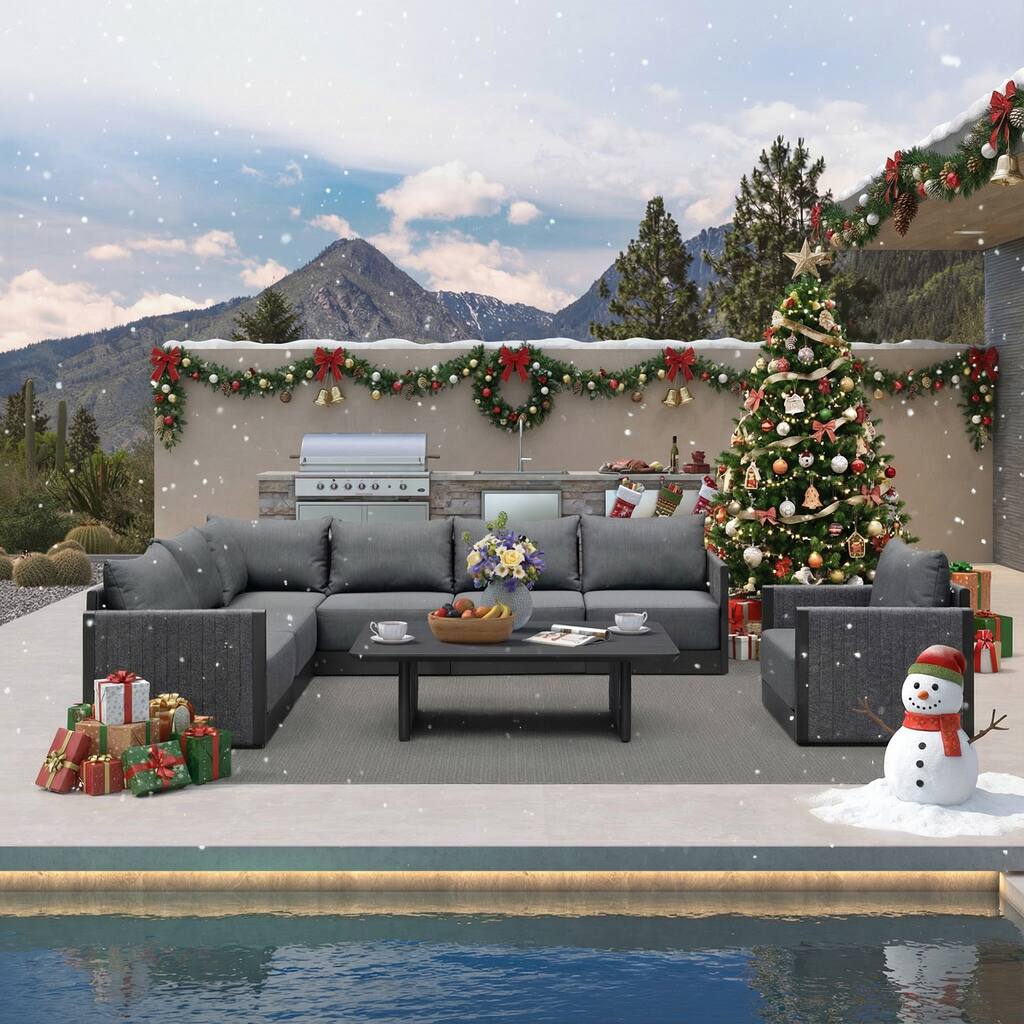 PURPLE LEAF Santorini L-shape 7/8/10 Piece Grey Sofa with Ottoman and Cushion for Poolside Garden Outdoor Patio Conversation Set