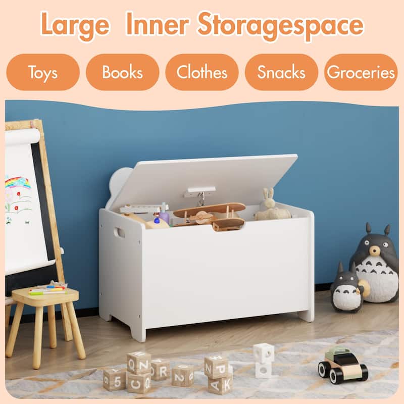 Kids Toy Box, Children Wooden Organizer Storage Chest with Safety Hinged Lid for Ages 2+ (White)