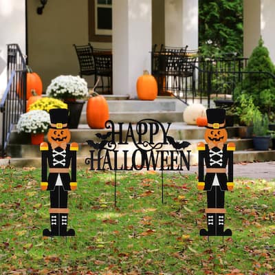 Glitzhome 32"H Set of 2 Halloween Metal Nutcracker and HAPPY HALLOWEEN Yard Stake