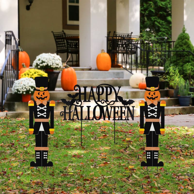 Glitzhome 32"H Nutcracker & Happy Halloween Yard Stake Set of 3