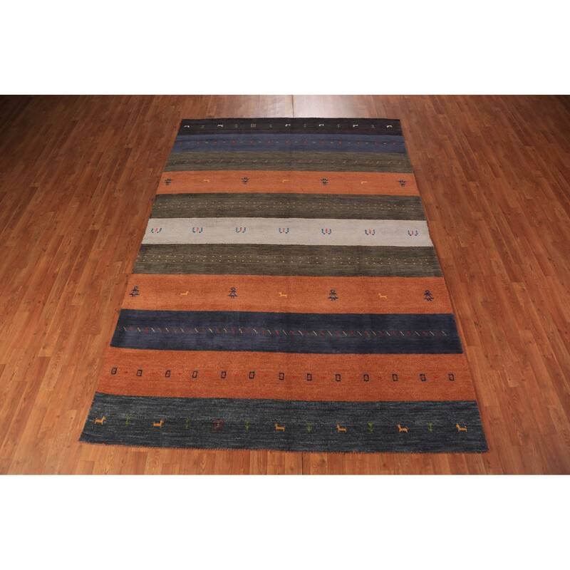 Striped Gabbeh Oriental Area Rug Hand-Knotted Wool Carpet - 6'7" x 9'6"