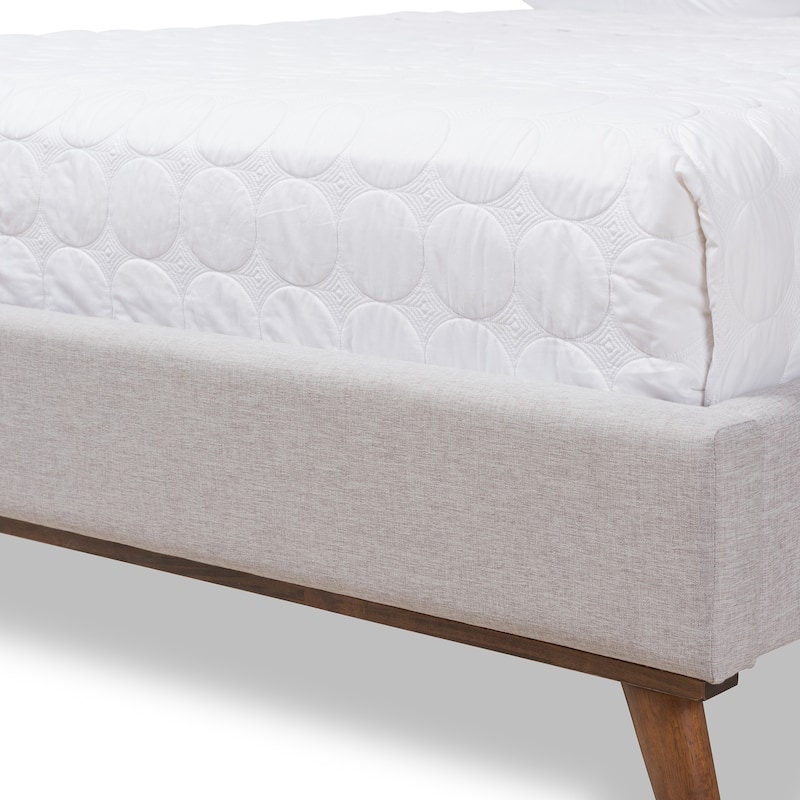 Queen Size Platform Bed - Modern Fabric Bed Frame with Wood Legs - Greyish Beige Bedroom Furniture
