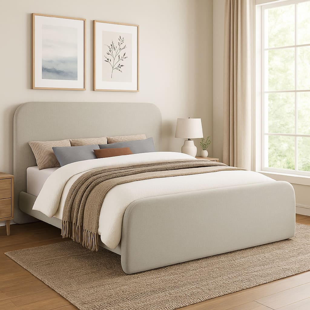 Jene Queen Size Bed, Upholstered Panel Headboard, Rounded Corners, Gray