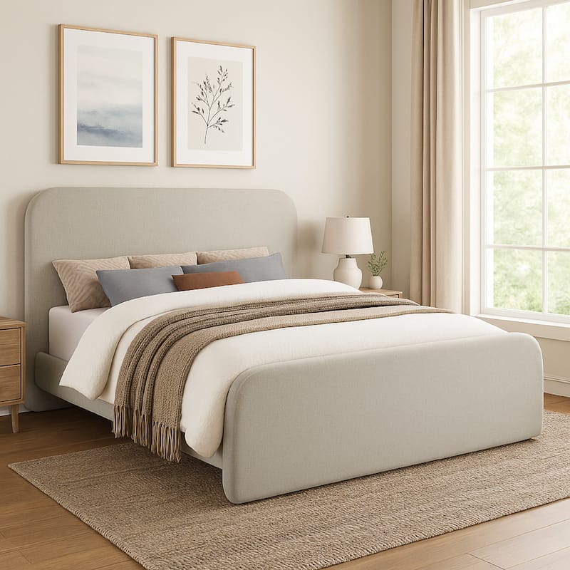 Jene Queen Size Bed, Upholstered Panel Headboard, Rounded Corners, Gray