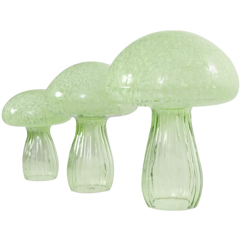 Green Glass Textured Mushroom Decorative Sculpture (Set of 3)