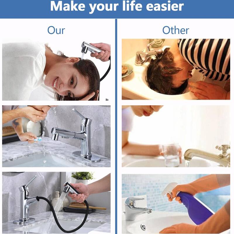 Stainless Steel Bathroom Faucet with Pull-Out Sprayer & 3 Settings