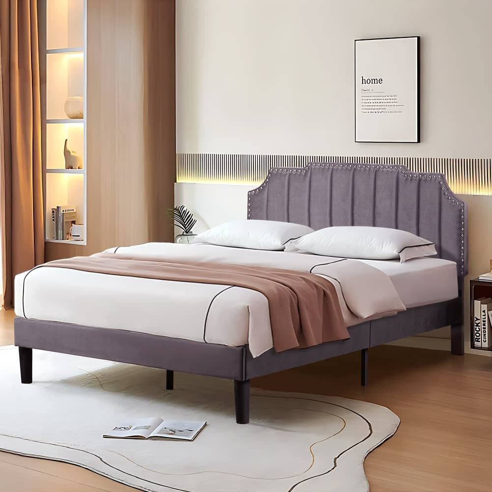 VECELO Upholstered Bed Frame with Nailhead Trim Adjustable Height Headboard, Twin/Full/Queen Size Bedframes