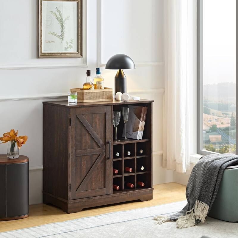 Roomfitters Farmhouse Coffee Bar Cabinet Bar Cabinet with Wine Rack Barn Door Buffet Sideboard Cabinet with Drawer