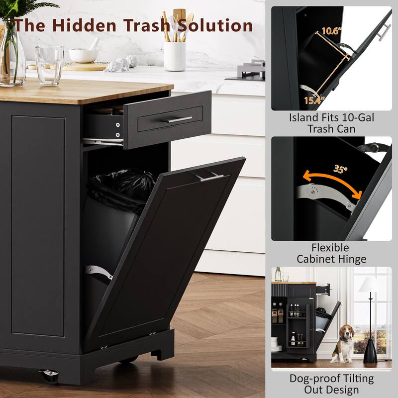 48.50'' Fluted Kitchen Island with Power Outlet, Rolling Wheels, 3 Drawer, 3 Open Side Racks and 10 Gallon Garbage Bin