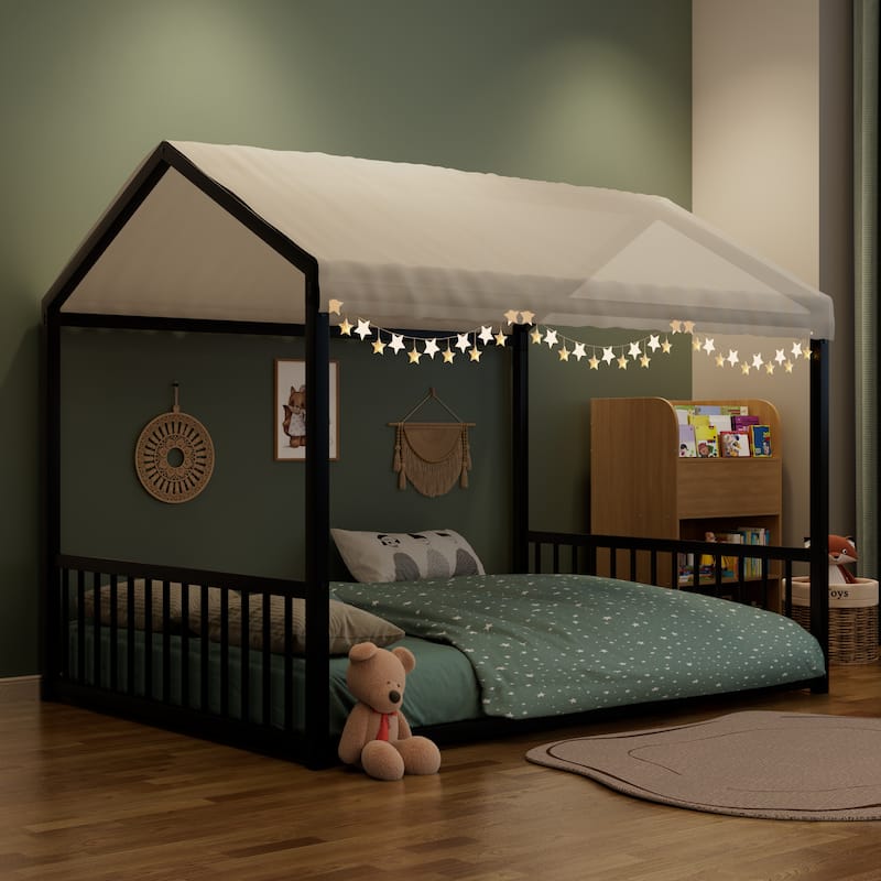 Montessori Style Metal Floor Bed Frame, House Shaped Bed for Kids and Toddlers, No Slats, House Bed
