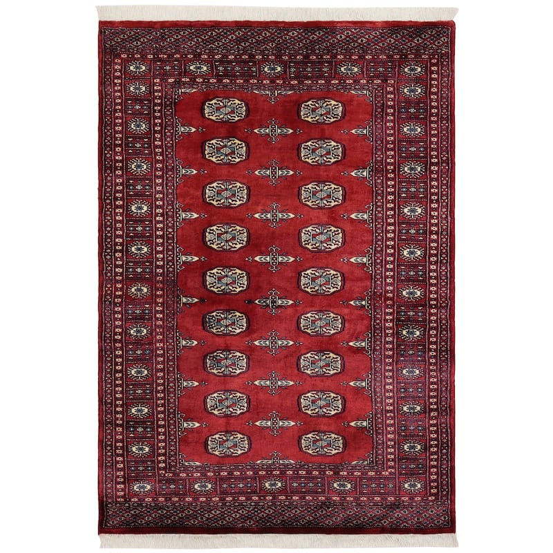 Tribal Bokhara Underwood Red/Blue Hand Knotted Wool Rug - 4'1'' x 6'1''