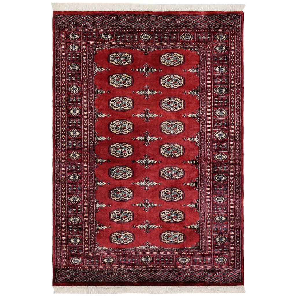 Tribal Bokhara Underwood Red/Blue Hand Knotted Wool Rug - 4'1'' x 6'1''