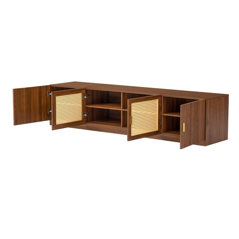Anmytek Retro TV Stand Media Console with Rattan Doors Wood Grain Large Screen TV Cabinet Storage