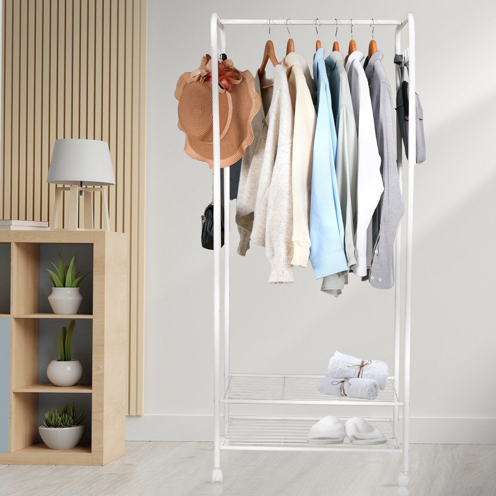 Rolling clothes rack with shelves best sale