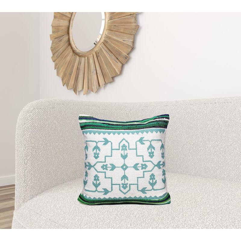 HomeRoots 20" X 20" Green White And Blue 100% Cotton Geometric Zippered Pillow