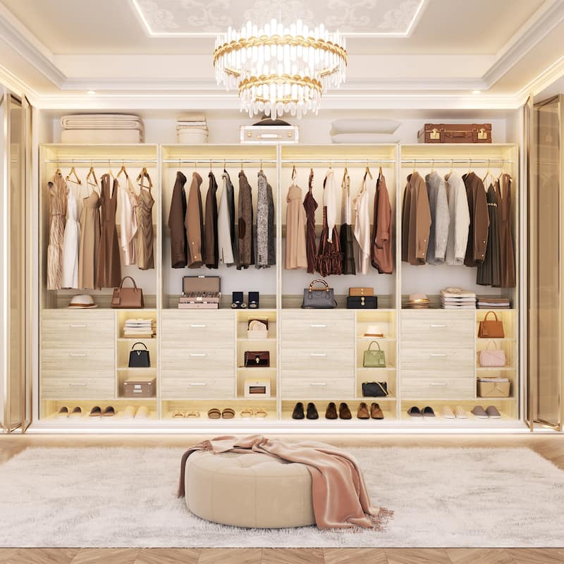 Cimly 30'' W Freestanding Closet System with Hanging Rod, Closet Organizer with Drawers and Shelves - 4pcs - White Oak