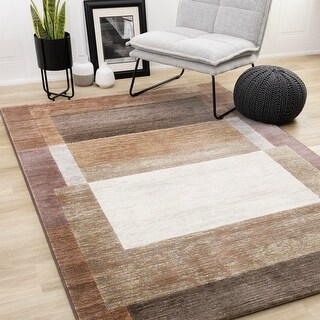 Amelia Collection - Dense Layered Blocks Brown Cream Grey Area Rug ...