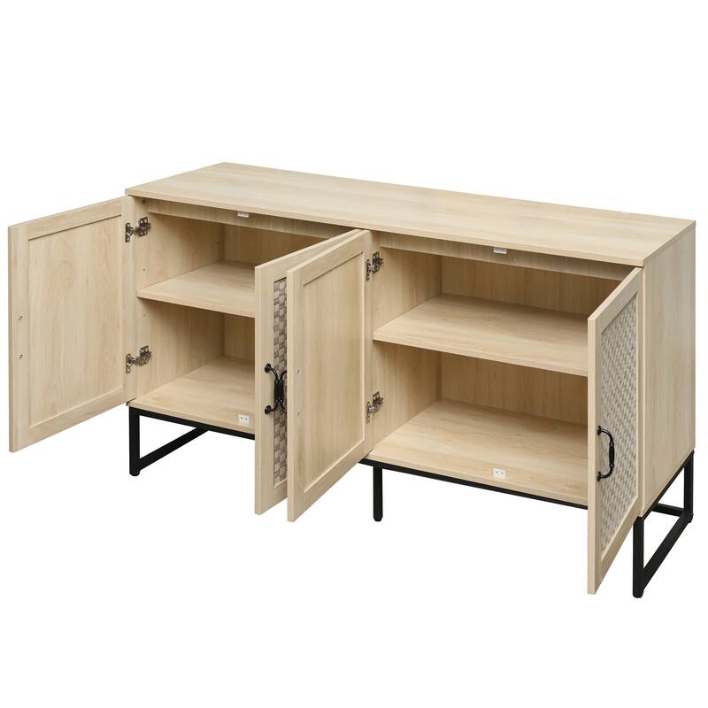 Engineered Rattan Buffet Accent Storage Cabinet 4-Door Sideboard with Adjustable Shelf, Cupboard Console Table Hallway Cabinet