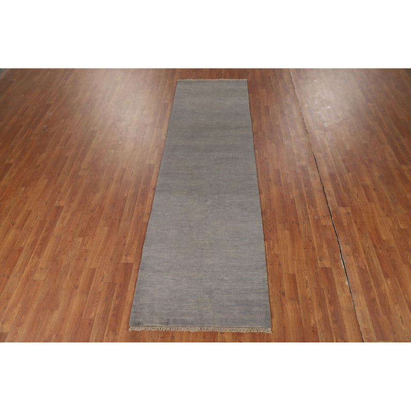Gabbeh Modern Runner Rug Hand-Knotted Grey Wool Carpet - 2'9"x 9'7"