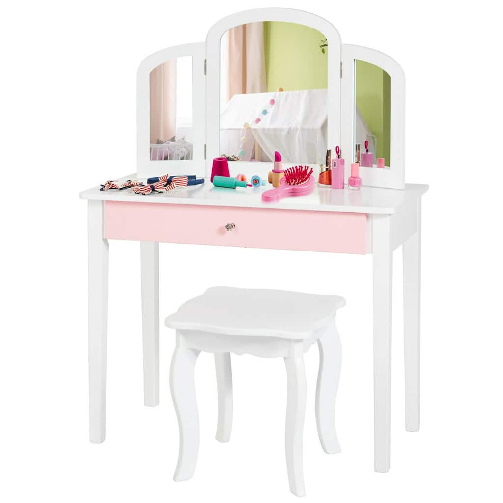 Gymax Kids Vanity Princess Make Up Dressing Table W/ Tri-folding - See Details