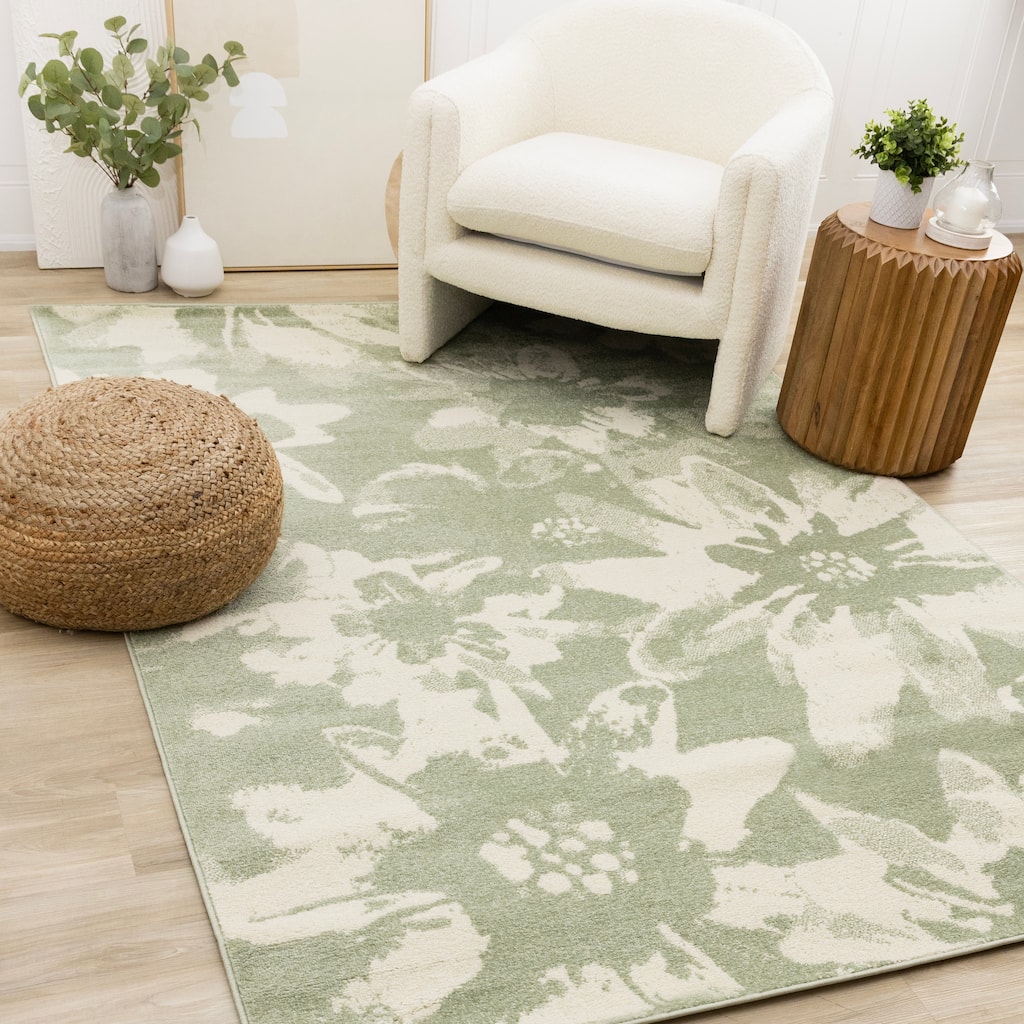 Ellis Collection - Floral Green Cream Area Rug