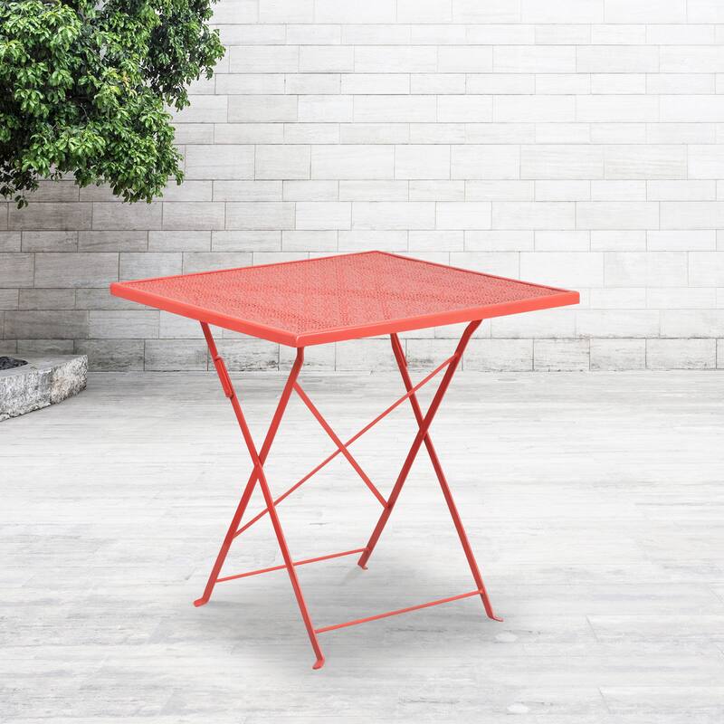 28'' Square Indoor-Outdoor Steel Folding Patio Table - 28"W x 28"D x 28"H - Coral