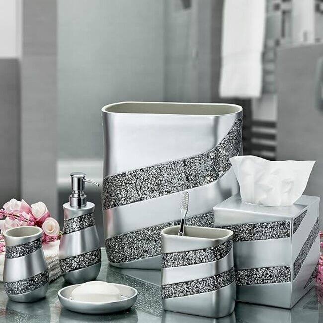 Creative Scents Silver Bathroom Accessories Set Complete Mosaic Glass