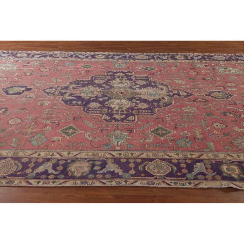 Pink Geometric Tabriz Persian Vintage Area Rug Handmade Wool Carpet - 9'0"x 12'8"