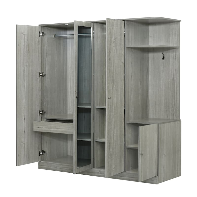 4-Door Wardrobe with Shelves, Drawers, and Full-Length Mirror