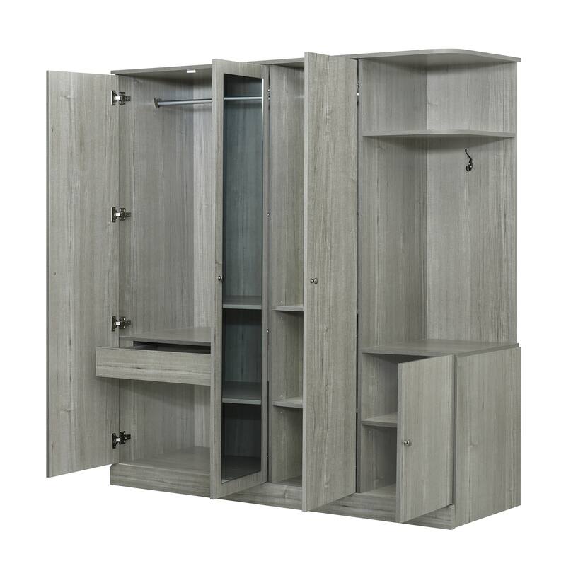 Mirrored Wardrobe Closet 4 Door Wooden Wardrobe with Drawers Large Armoire Closet with Open Storage Space