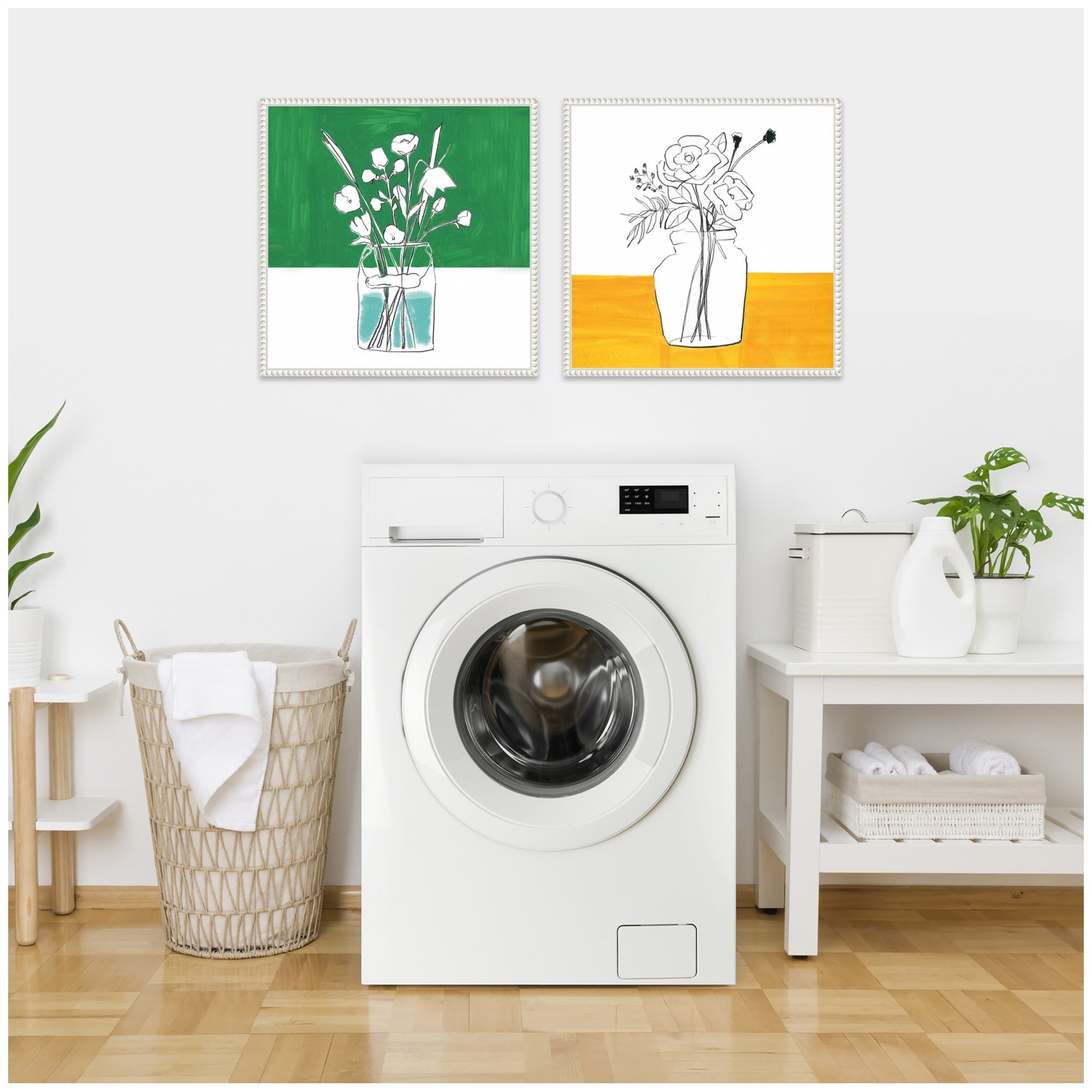 Kate and Laurel Sylvie Beaded Minimalist Floral Vase Green and Yellow Framed Canvas Art Set by Teju Reval