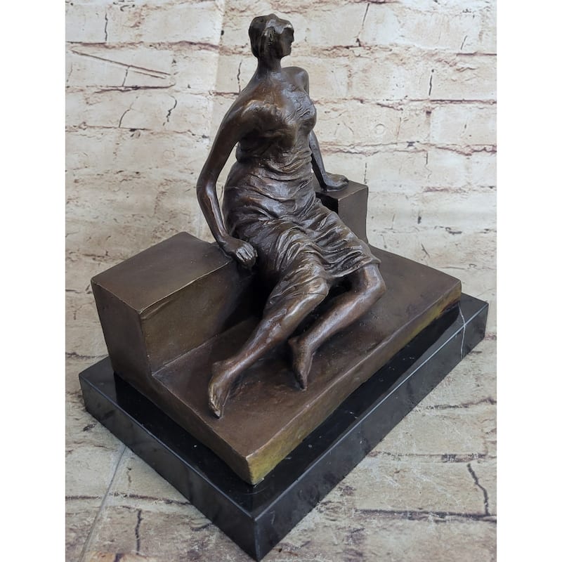 Woman On Bench By Henry Moore Abstract Modern Art Bronze Statue Sculpture Marble Base 9 Inches X 8 Inches