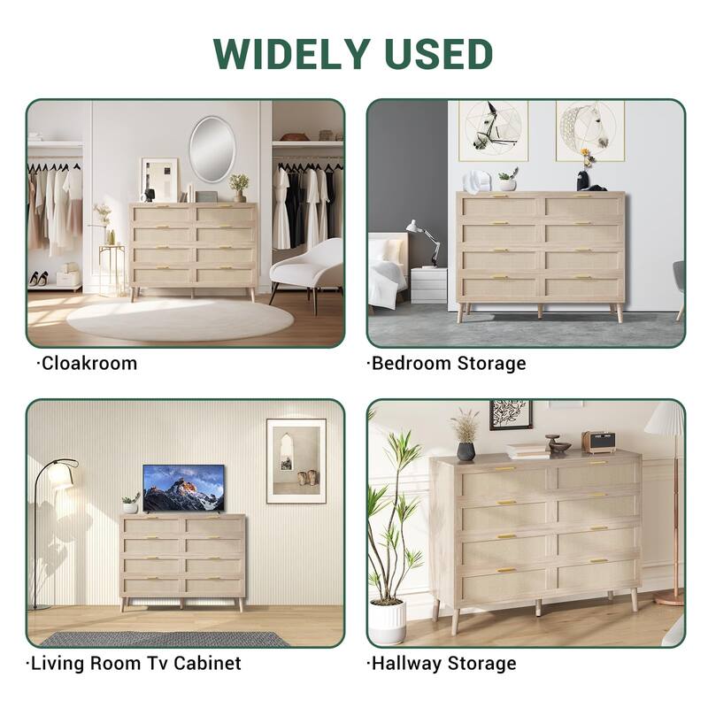 6/8 Drawer Dresser for Bedroom, Natural Rattan Dresser with Metal Handles, Farmhouse Chest of Drawer