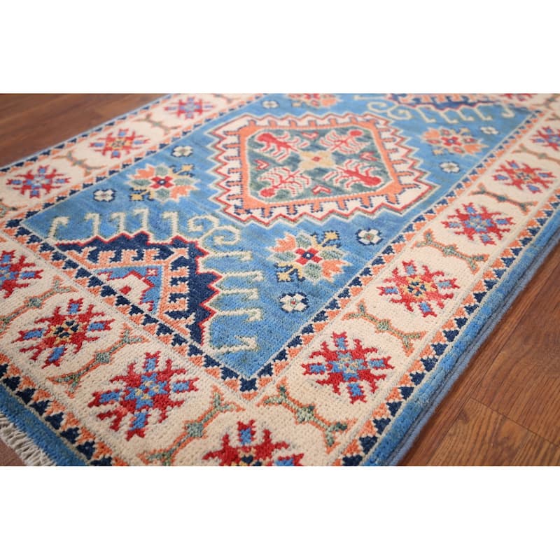 Blue Kazak Oriental Accent Rug Hand-Knotted Wool Carpet - 2'0" x 3'1"