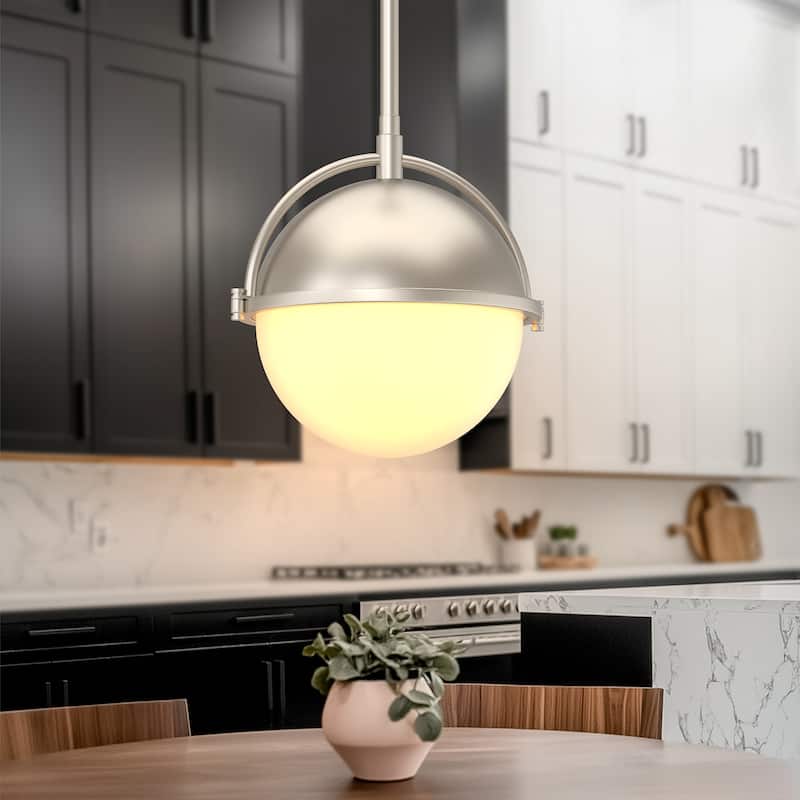 1-Light Satin Nickel Pendant Light, Modern E26 Ceiling Light Fixture with Milk White Glass Globe Shade