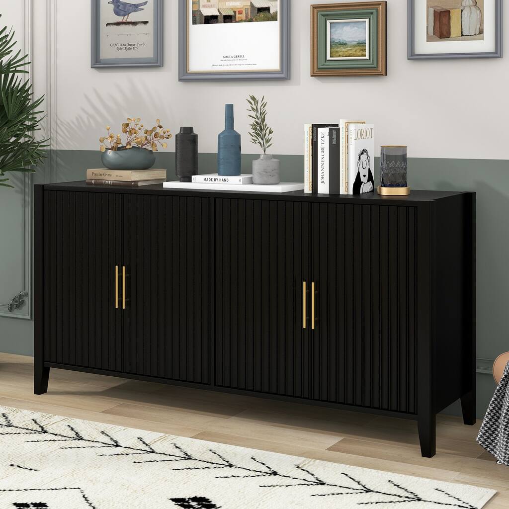 Roomfitters 63.1'' Sideboard Buffet Cabinet with 4 Door Mid-century Modern Fluted Accent Storage for Kitchen & Dining, Black