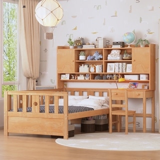 Twin Size Multifunctional Wood Platform Bed with Bookshelf at the Head of the Bed, Built-in Desk and Matching Chair