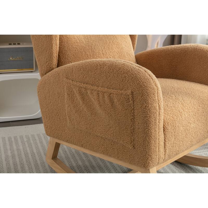 Teddy Fabric Rocking Chair with Wooden Legs and 300lb Capacity