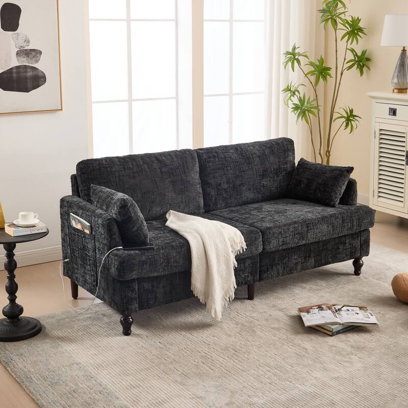Modern Chenille 2-Seater Wood-Legged Sofa with LED light, USB Charging Port and Storage Bag - Black