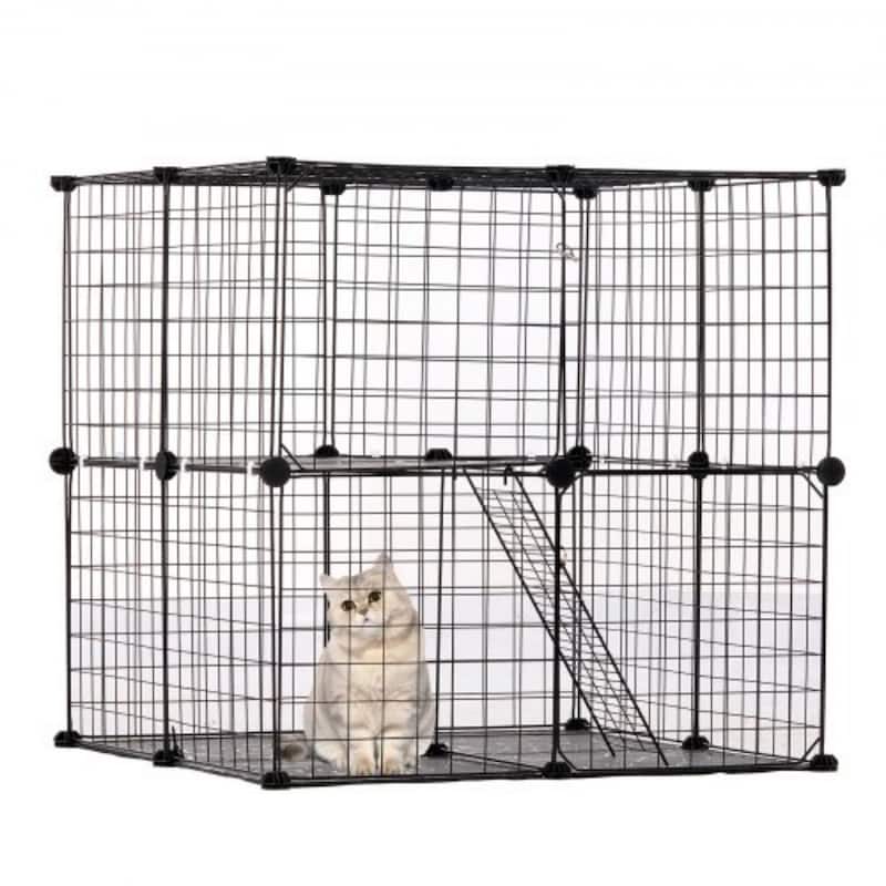 Black 2-Tier Cat Cage with 3 Doors Steel Wire Ramp, Spacious & Sturdy