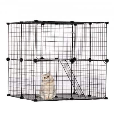 Black 2-Tier Cat Cage with 3 Doors Steel Wire Ramp, Spacious & Sturdy
